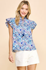 Blue Abstract Print V-Neck Top