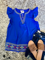 Royal Blue Aztec Embroidered Trim Top