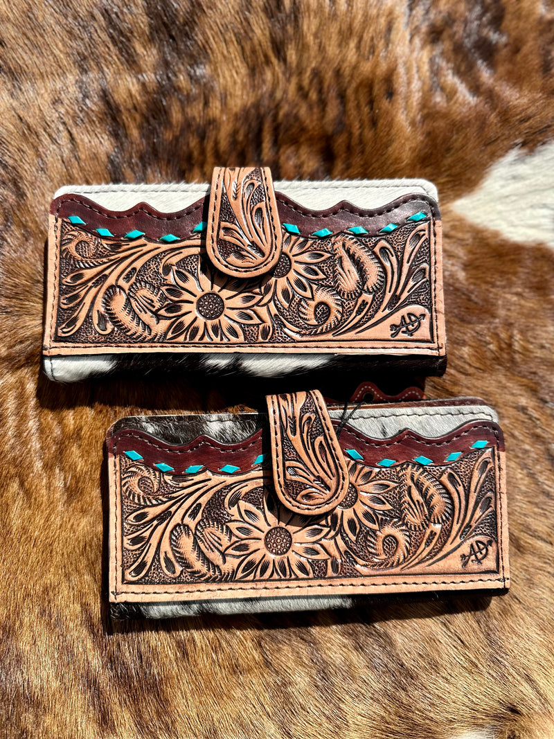 Cowhide / Turquoise Laced Tooled Leather Wallet
