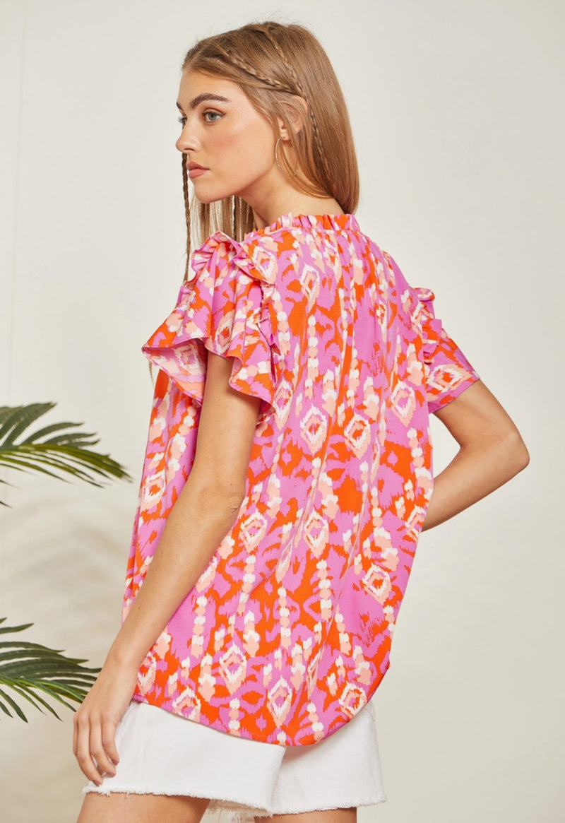 Pink / Orange Print Flutter Sleeve Top