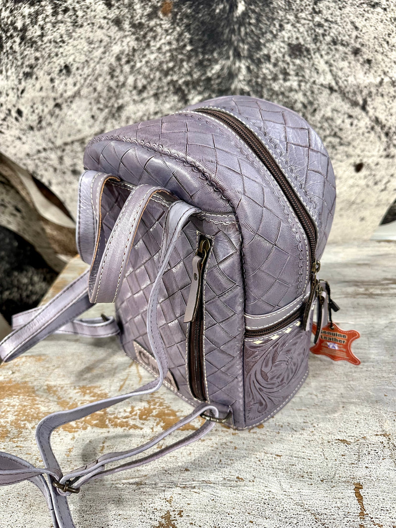 Silver Purple Tooled Leather Backpack