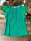 Kelly Green Ribbed Top with Ruffled Shoulder
