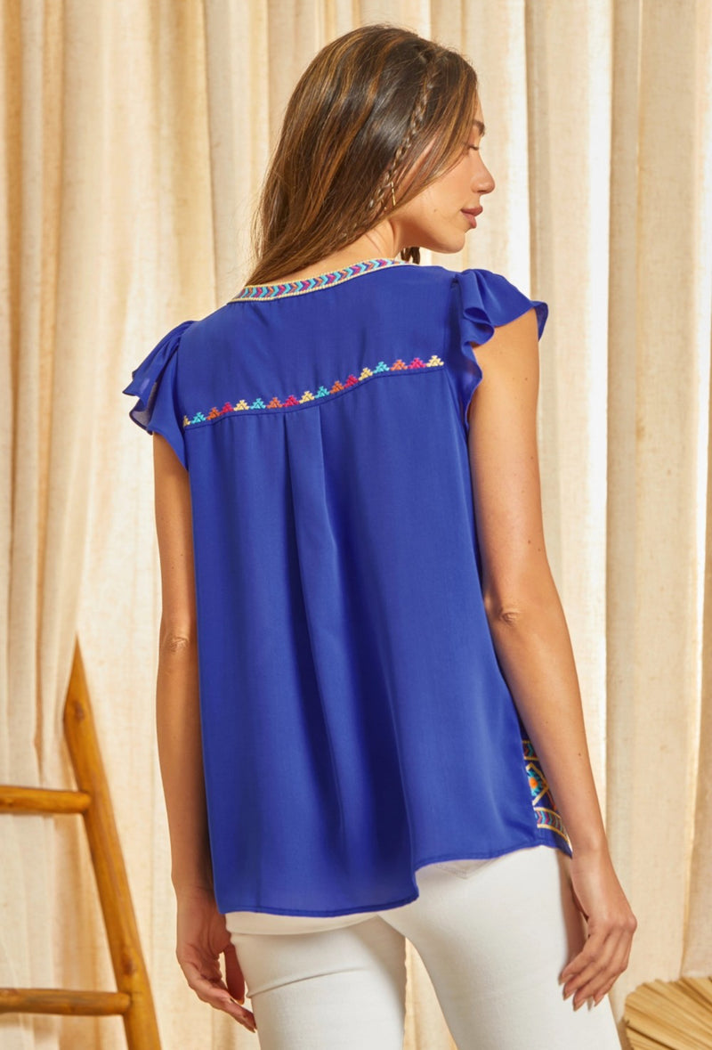 Royal Blue Aztec Embroidered Trim Top