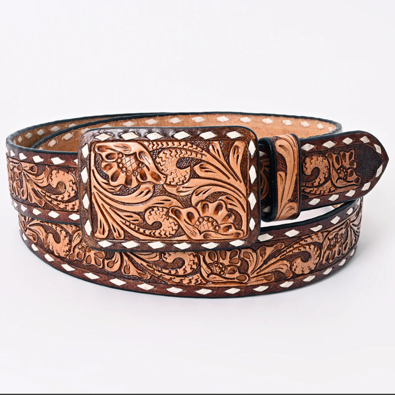 Dark Brown Tooled Leather Square Buckle Belt