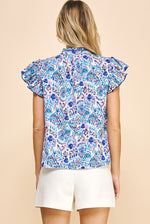Blue Abstract Print V-Neck Top