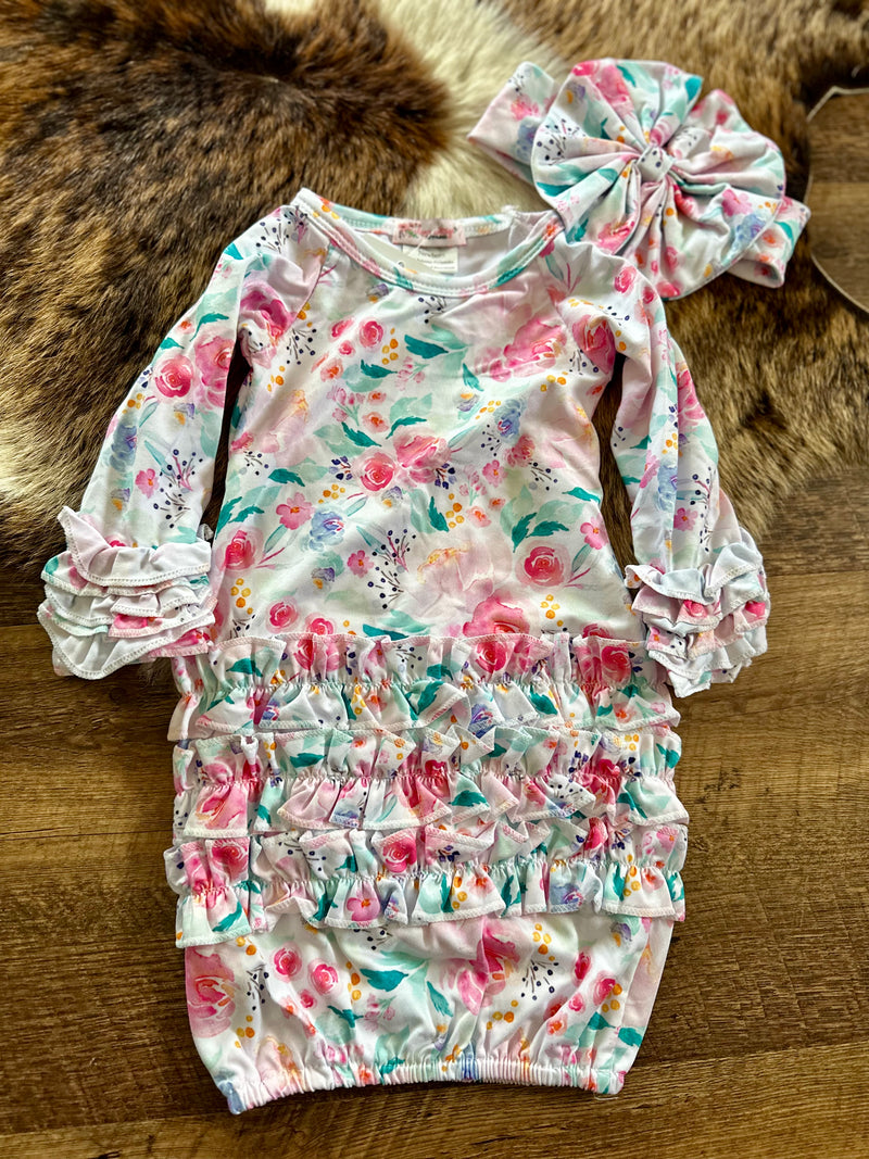 Florals Baby Gown & Bow