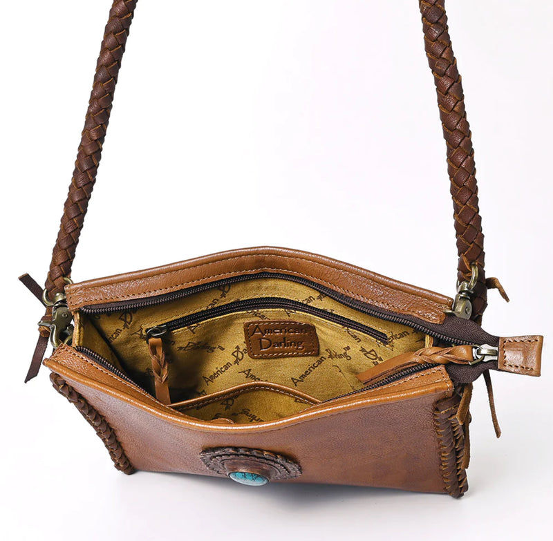 Brown Leather Crossbody with Turquoise Stone