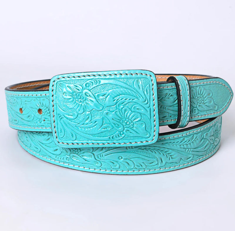 Turquoise Tooled Leather Square Buckle Belt