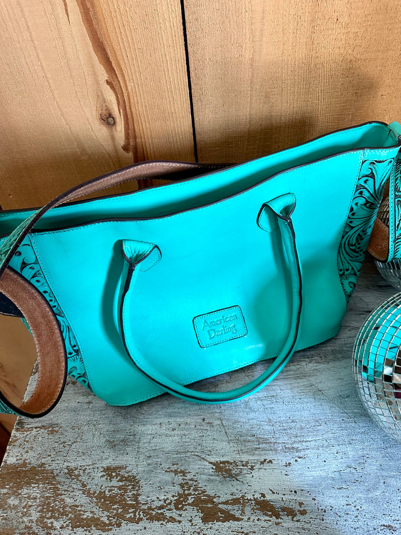 Tooled Leather Tote - Choice of Colors Blue Turquoise