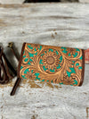 Turquoise / Brown Leather Wallet with Wristlet & Crossbody Strap