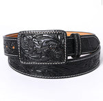 Black Tooled Leather Rectangle Buckle Belt