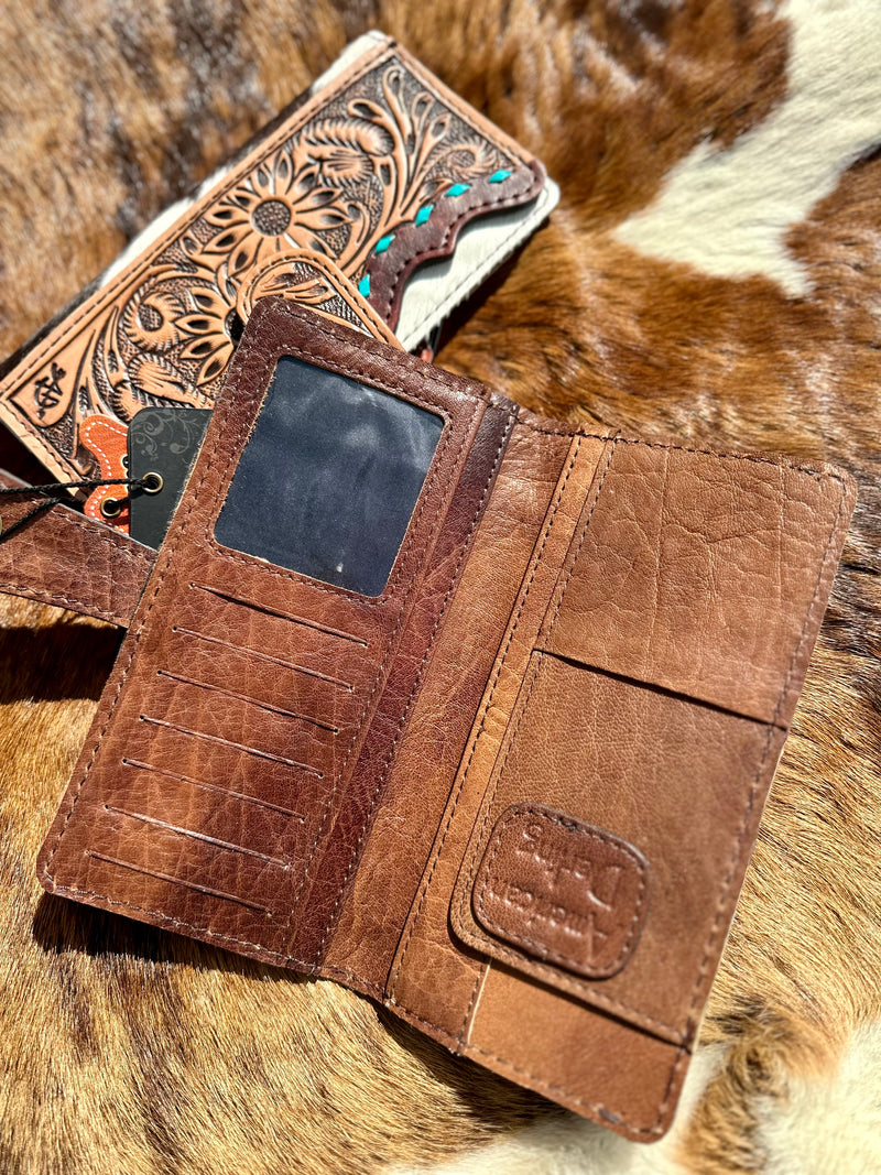 Cowhide / Turquoise Laced Tooled Leather Wallet