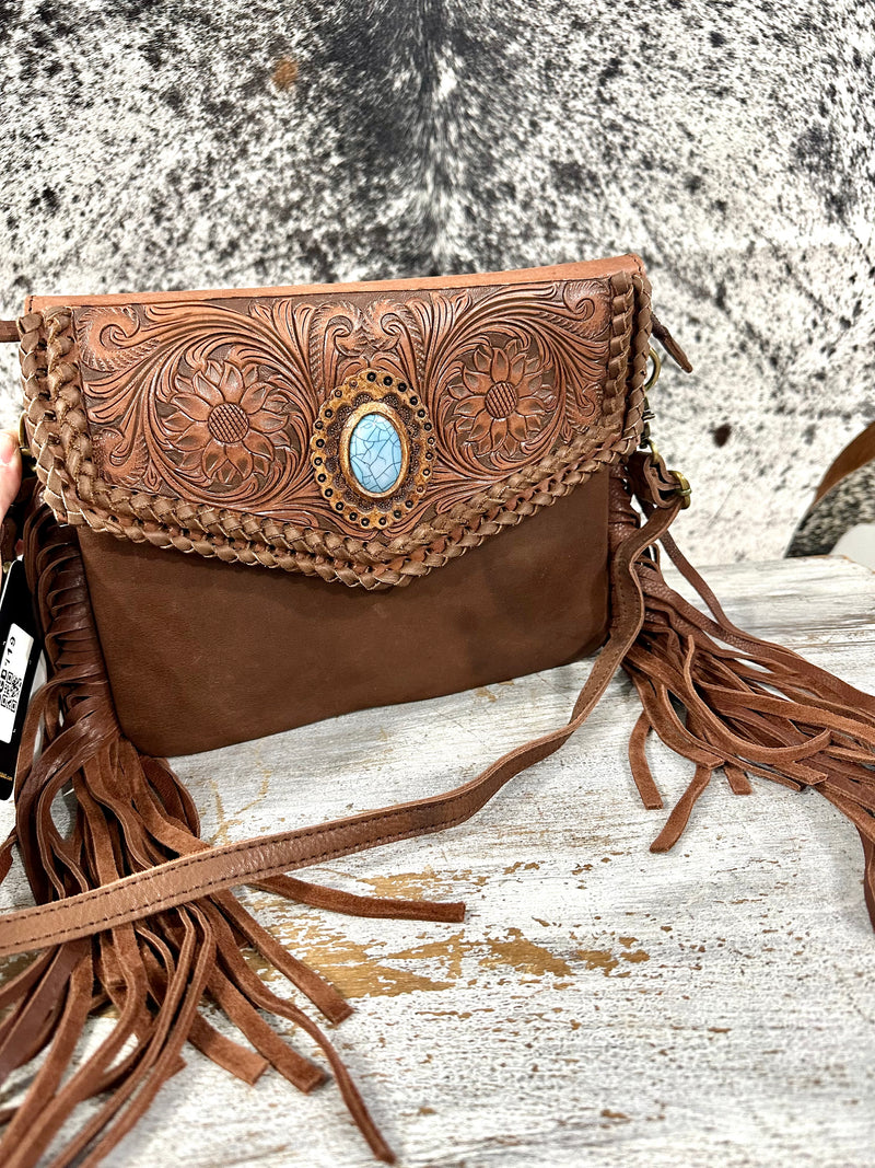 Brown Leather Crossbody with Tooled Flap