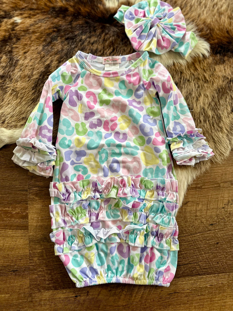 Rainbow Leopard Baby Gown & Bow