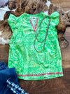 Green Floral Embroidered Trim Top