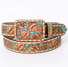 Brown / Turquoise Tooled Leather Square Buckle Belt
