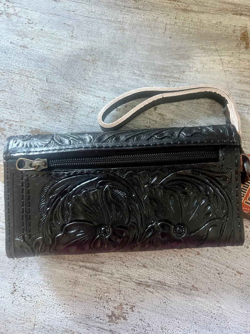 Black Tooled Leather Wallet Wristlet