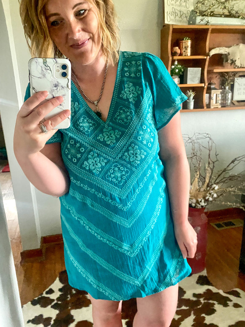 Teal Embroidered Dress
