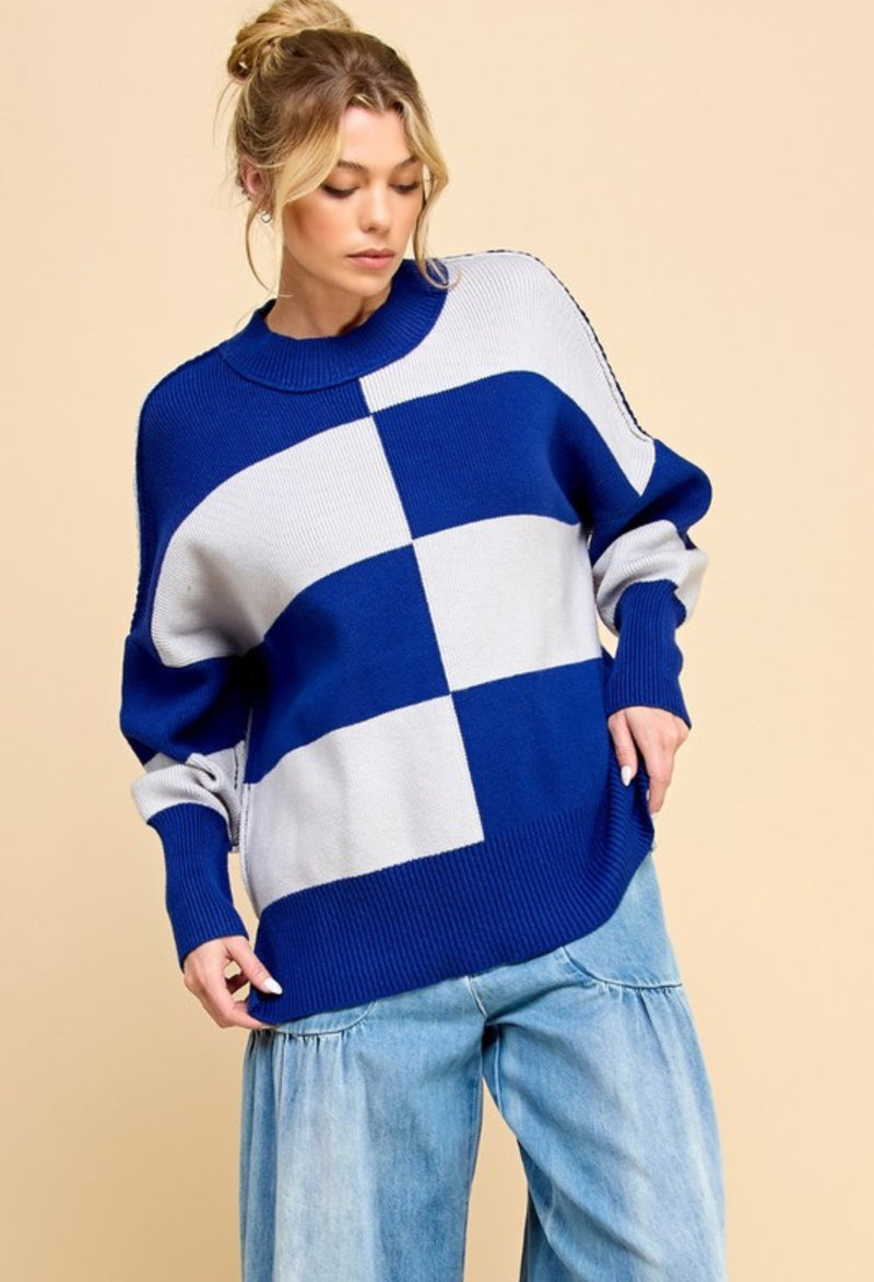 Checkered Block Sweater - Grey/Royal