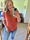 V Neck Tulip Sleeve Top - Rust