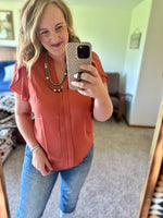 V Neck Tulip Sleeve Top - Rust
