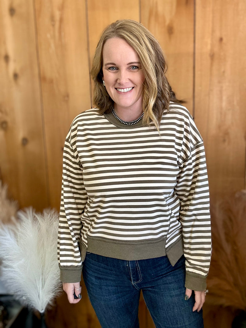 Olive Striped Sweatshirt Top