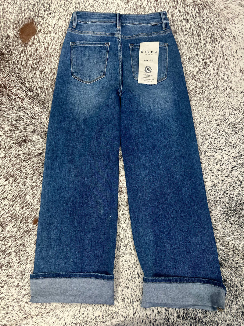 Risen Cuff Wide Leg Jeans with Slant Pocket