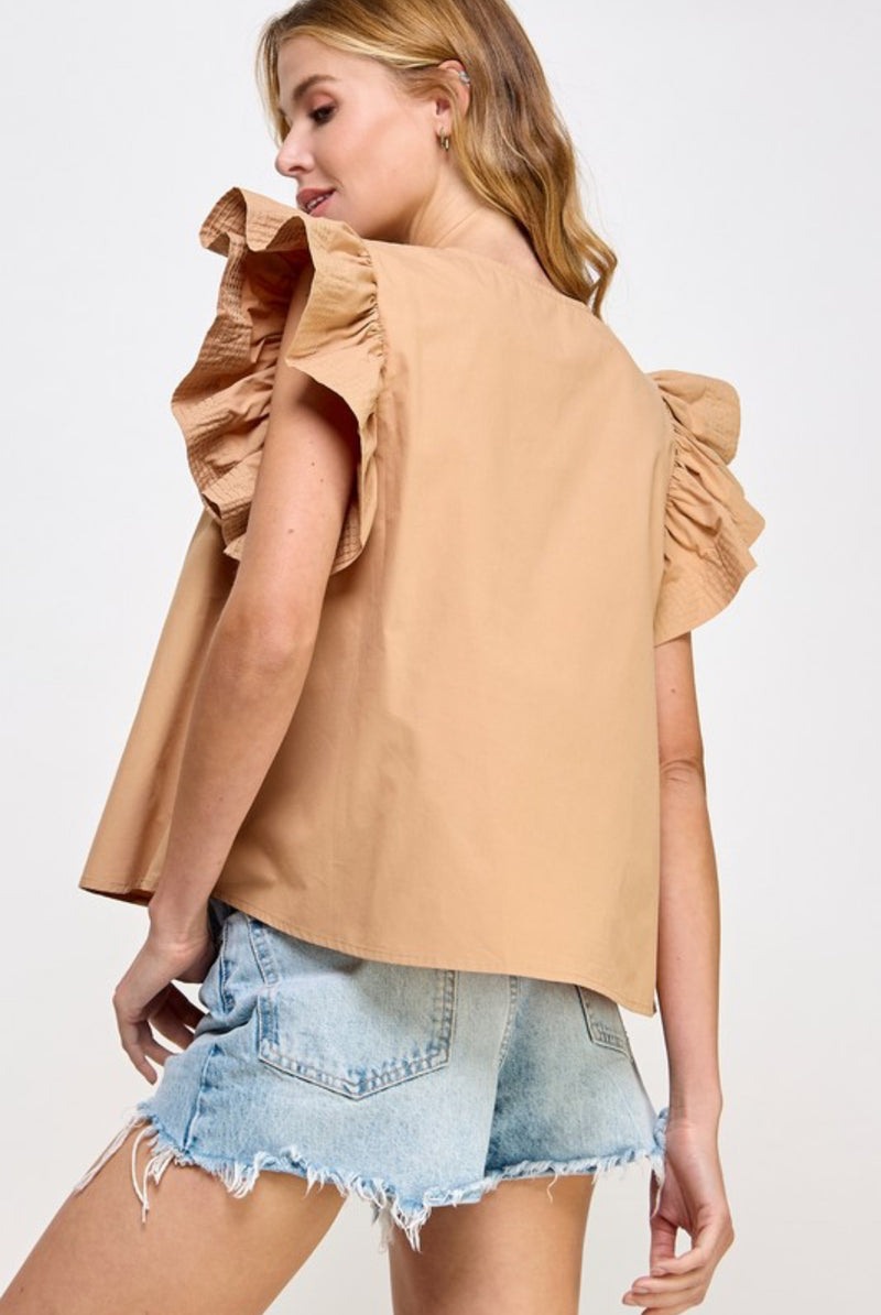 Mocha Flutter Sleeve Poplin Top