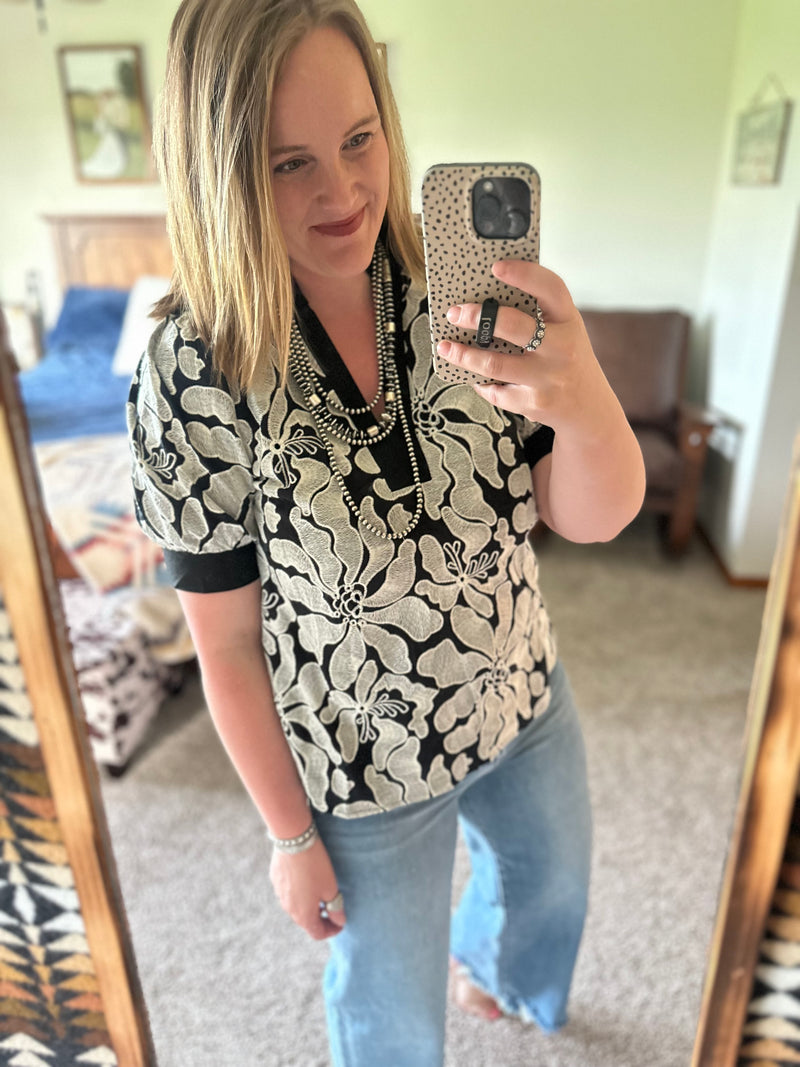 Black Floral Embroidered Puff Sleeve Top