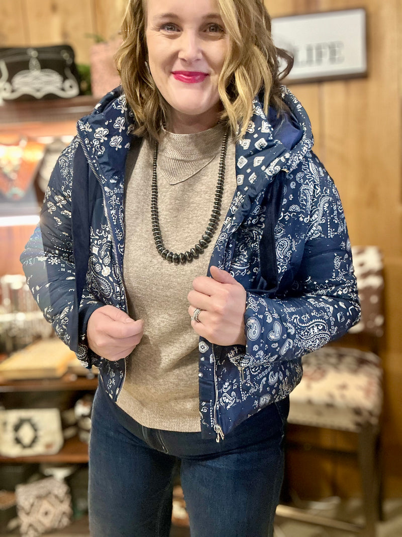 Navy Paisley Puffer Jacket