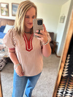 Rust Stripe Puff Sleeve Top