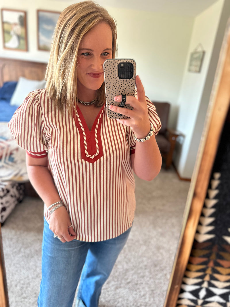 Rust Stripe Puff Sleeve Top