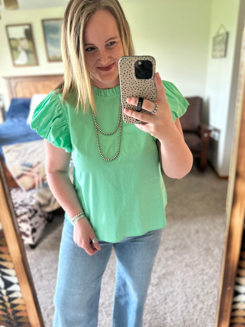 Mint Pleat Sleeve Mock Neck Top