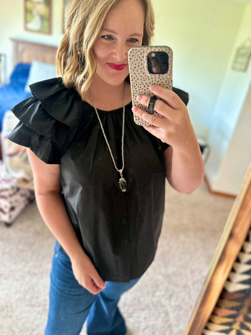 Black Triple Ruffle Sleeve Top