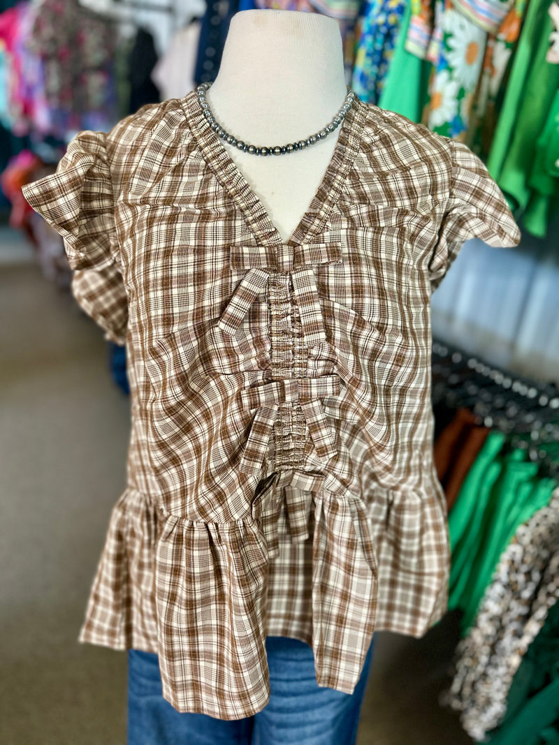 Brown Plaid Bow Top