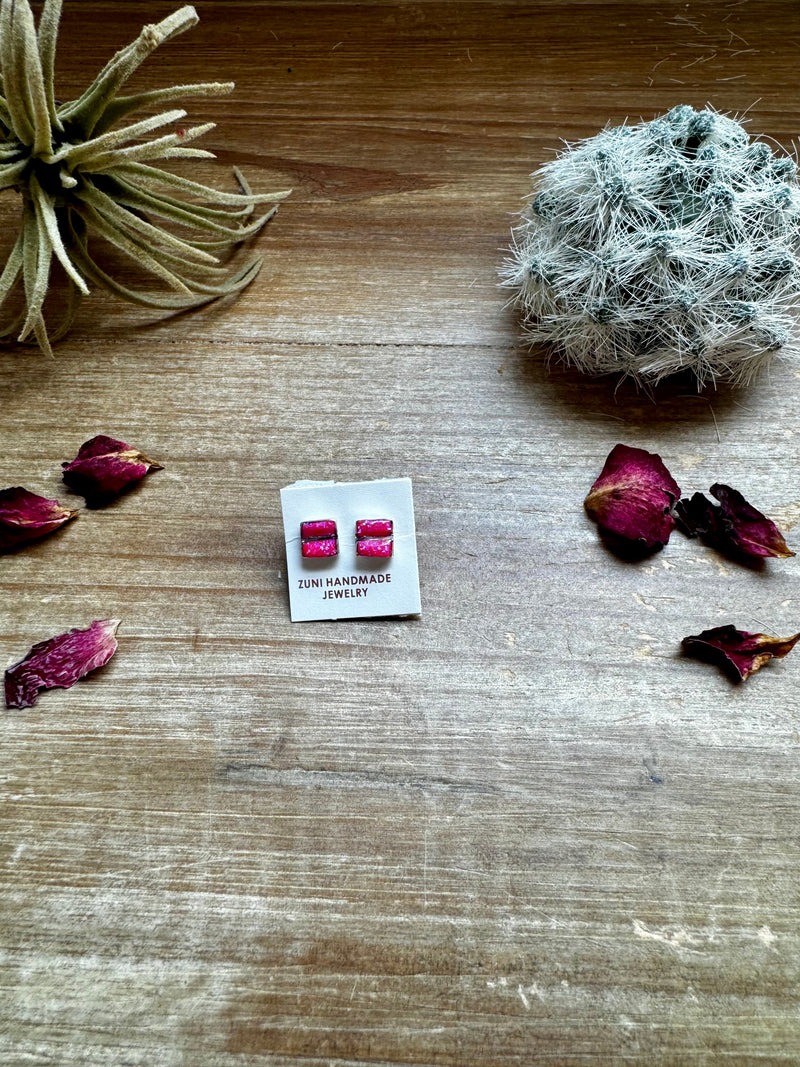 Stud square pink opal earrings