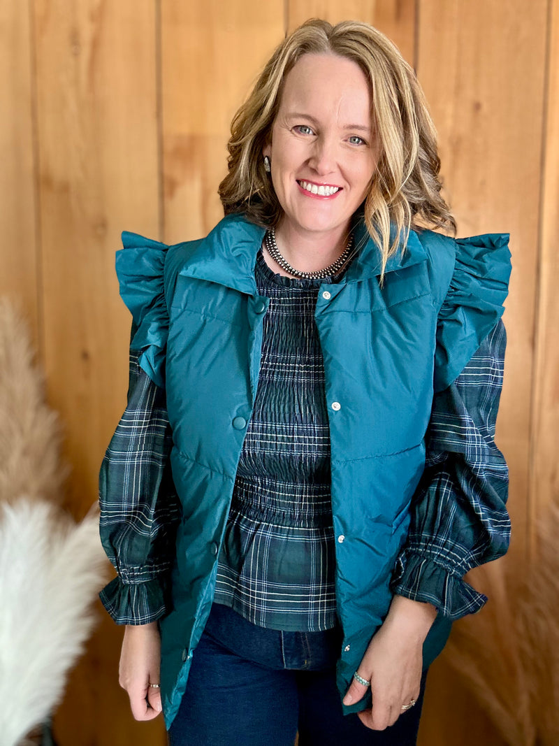 Teal Puffer Ruffle Shoulder Vest