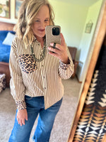 Brown Striped Leopard Detail Button Up