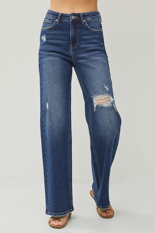 Risen Distressed Wide Leg Jeans