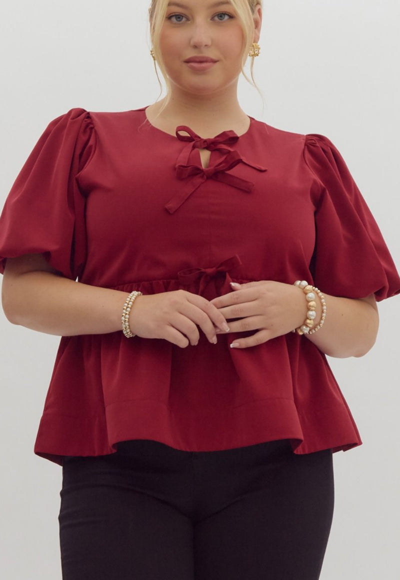 Peplum Bow Top - Burgundy