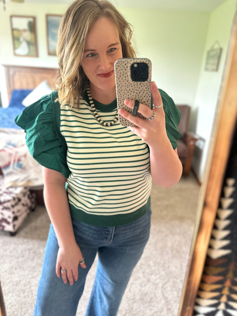 Hunter Green Striped Ruffle Sleeve Top