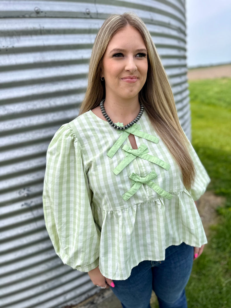 Light Green Gingham Checker Bow Top