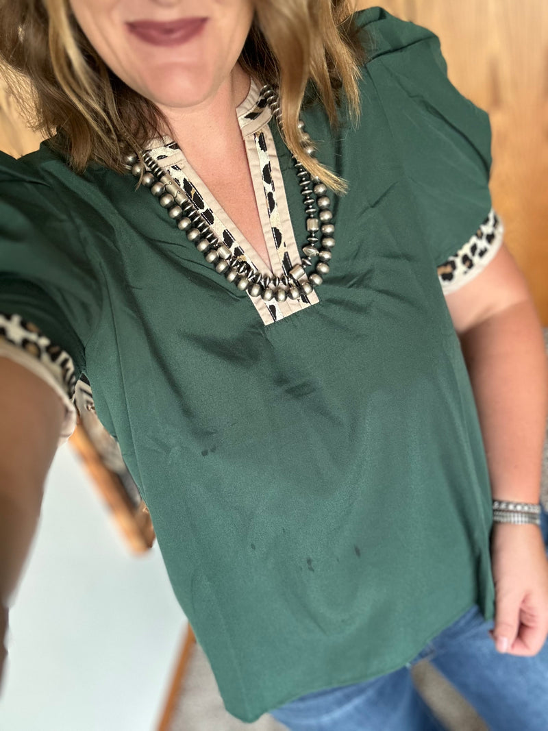 Leopard Trim Puff Sleeve Top - Dark Green