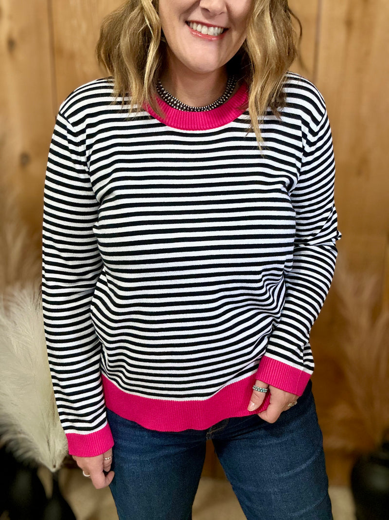 Black/White Striped Top with Pink Trim