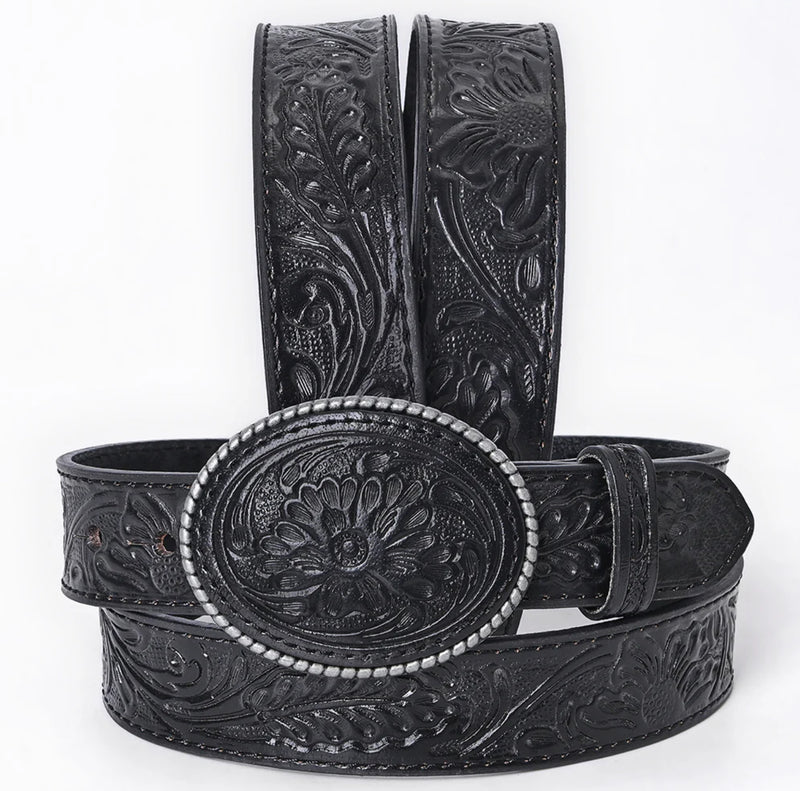 Black Tooled Leather Belt with Oval Buckle