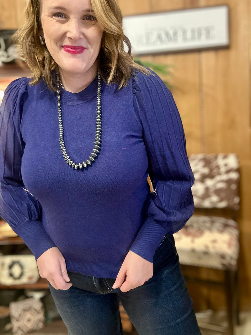 Navy Stripe Textured Sleeve Top