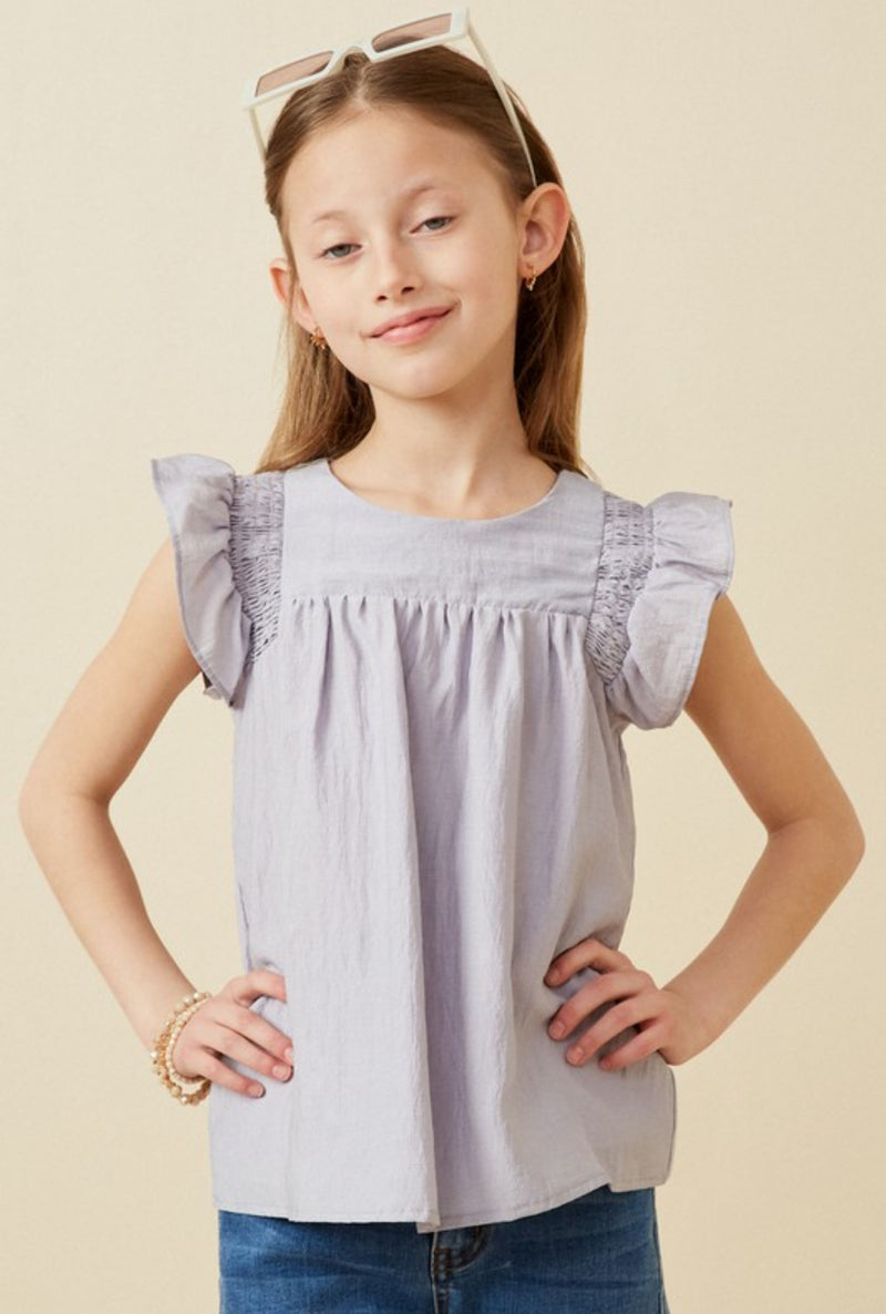 Girls Lavender Smocked Ruffle Shoulder Top