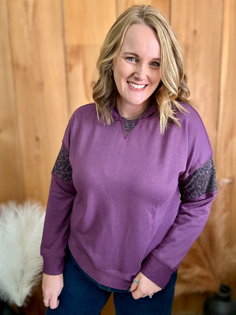 Plum Leopard Block Hooded Sweatshirt