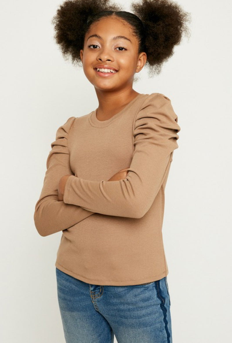 Girls Puff Shoudler Knit Top - Taupe