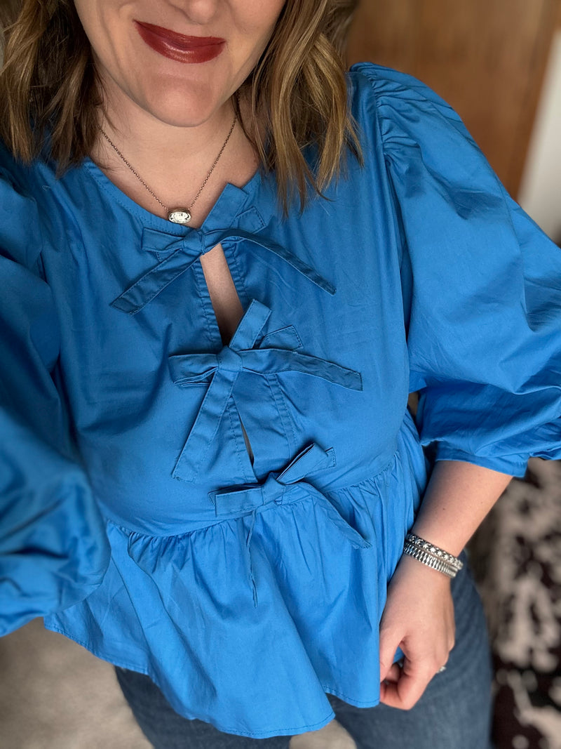 Blue Triple Bow Puffy Sleeve Top